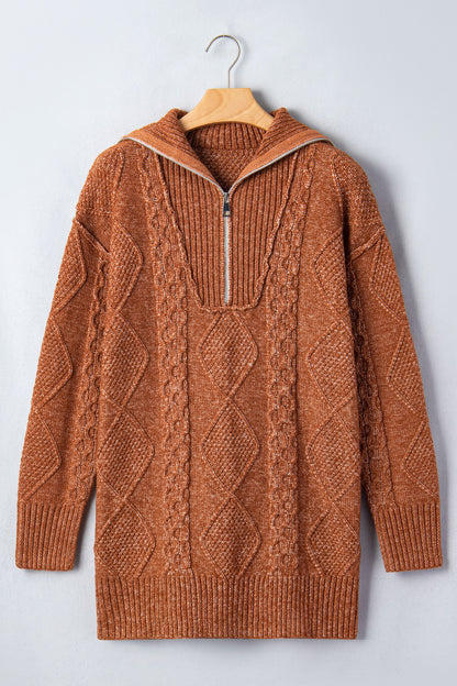 Solid Cable Knit Zip-Up Collar Long Sleeve Sweater Dress