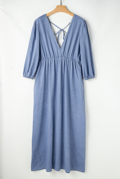 Chambray V-Neck 3/4 Sleeve Maxi Dress