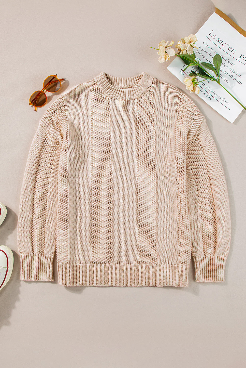 Stripe Cable Knit Ribbed Trim Sweater