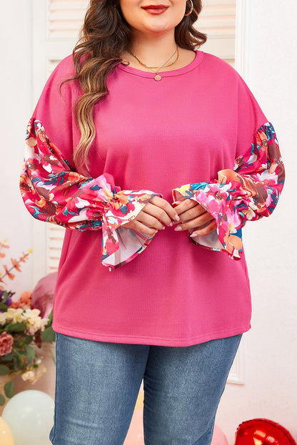 Floral Patchwork Flounce Sleeve Plus Top