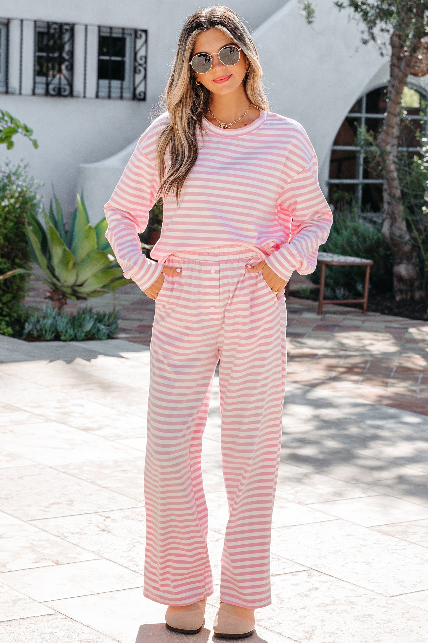 Stripe Drop Shoulder Top & Buttoned Pants Set