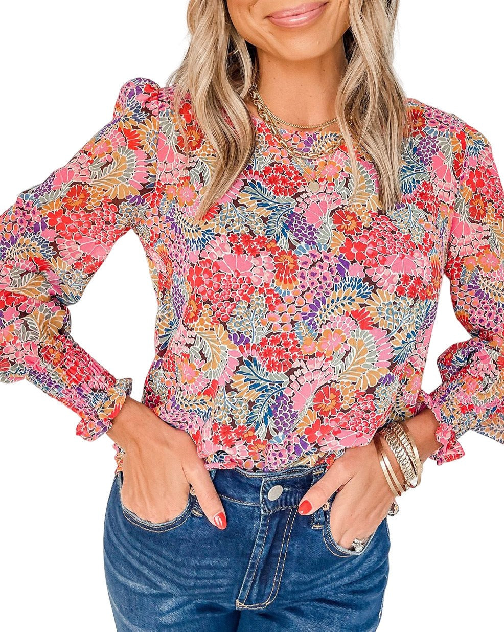 Floral Smocked Long Sleeve Blouse