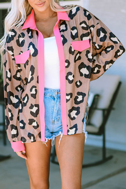 Leopard Ribbed Trim Collared Jacket