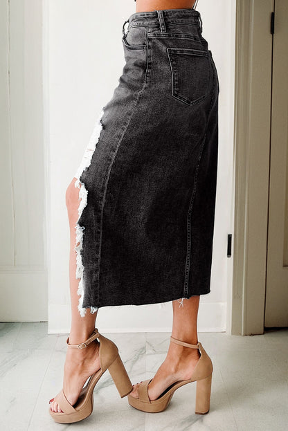 Denim Asymmetrical Distressed Midi Skirt