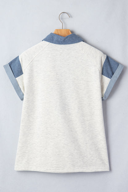 Denim Colorblock Patchwork Shirt Collar Blouse
