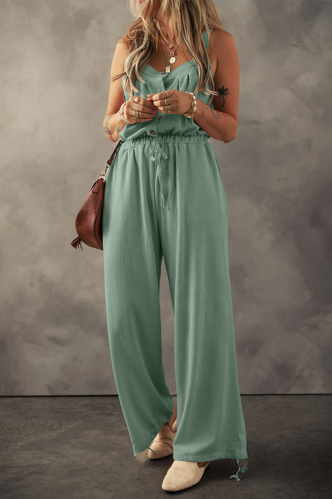 Waffle Button Front Pocketed Jumpsuit