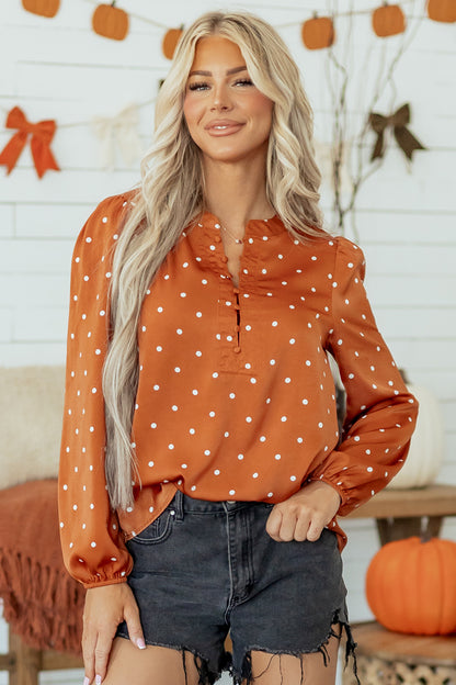Polka Dot Half Button V-Neck Long Sleeve Blouse