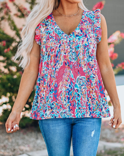 Floral Frilled V-Neck Tank Top