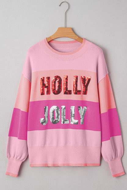 Christmas HOLLY JOLLY Sequin Colorblock Crewneck Sweater