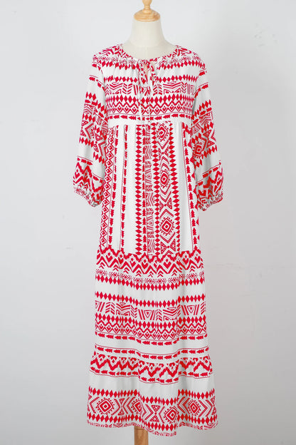 Boho Tied V-Neck 3/4 Sleeve Maxi Dress