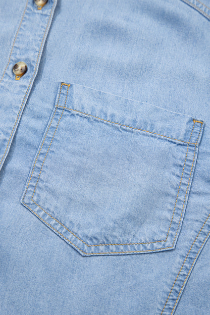 Denim Chambray Ruffle 3/4 Sleeve Buttoned Shirt