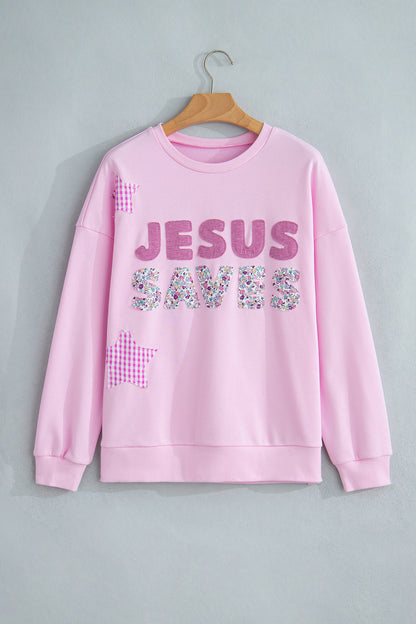 Plus Size JESUS SAVES Floral Gingham Star Patchwork Sweatshirt