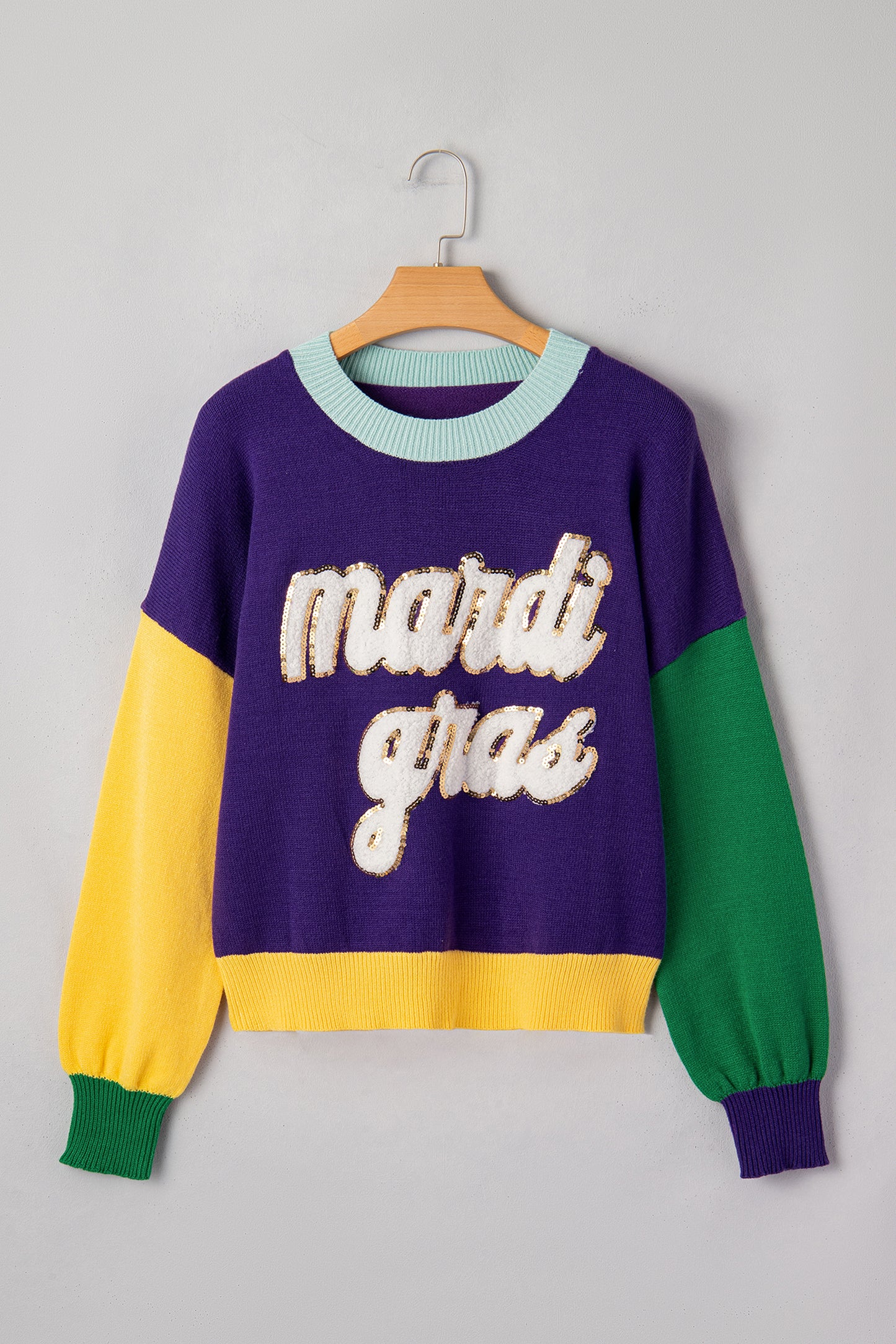 Mardi Gras Colorblock Fuzzy Patchwork Sweater