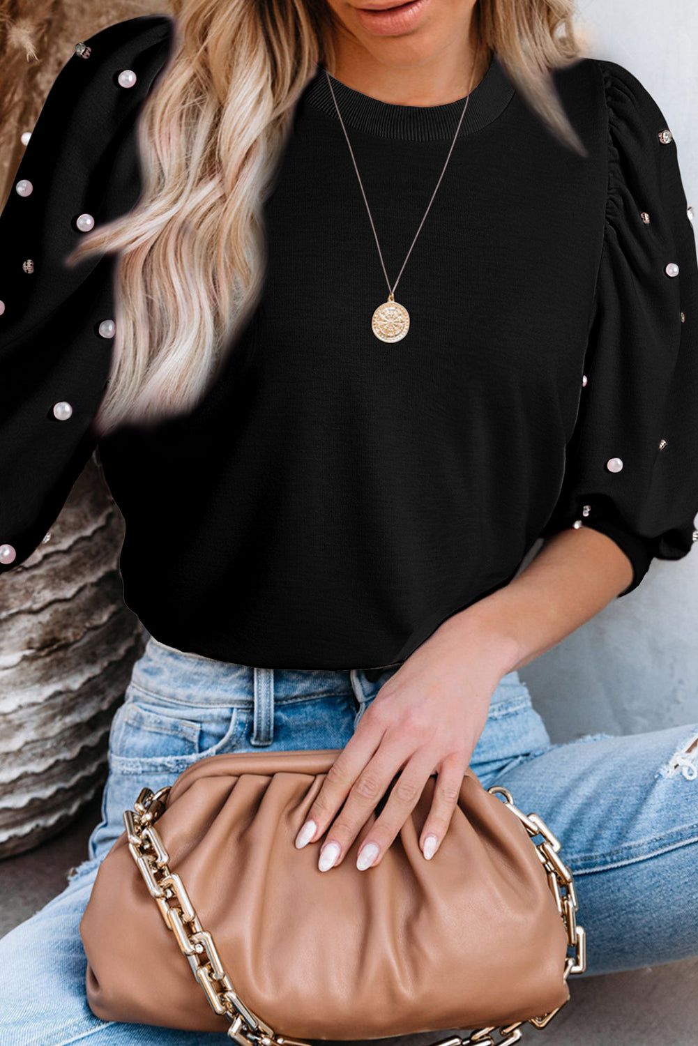 Rhinestone Pearl Puff Sleeve Top