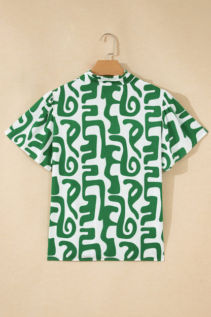 Abstract Stripe Trim V-Neck Short Sleeve Blouse