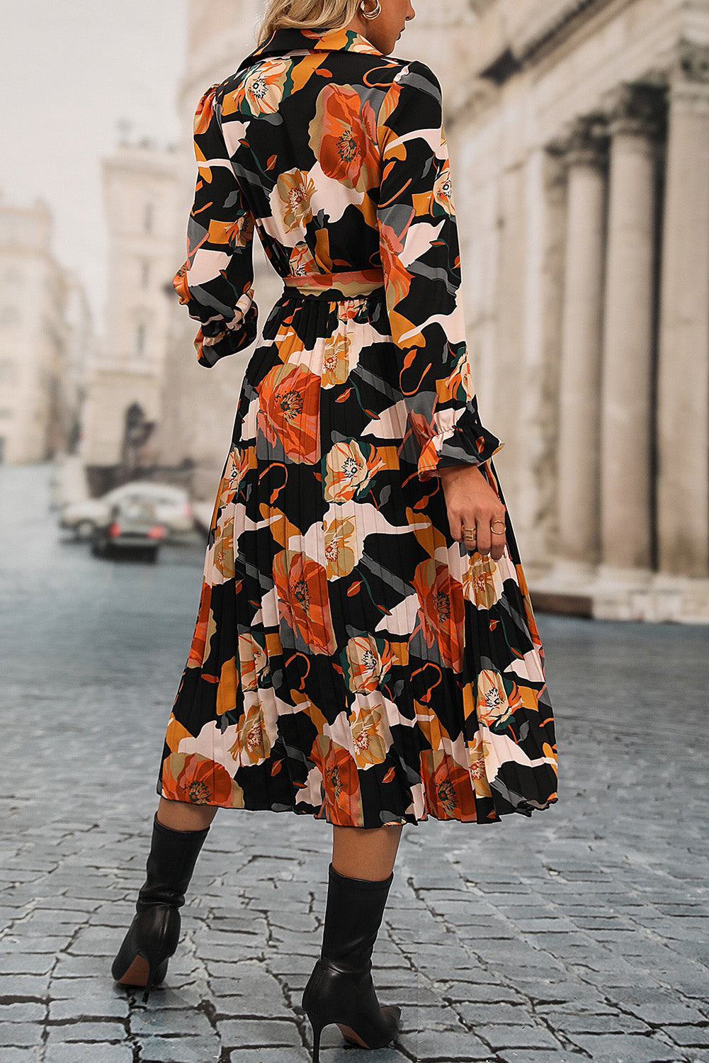 Floral Pleated Midi Shirt Dress