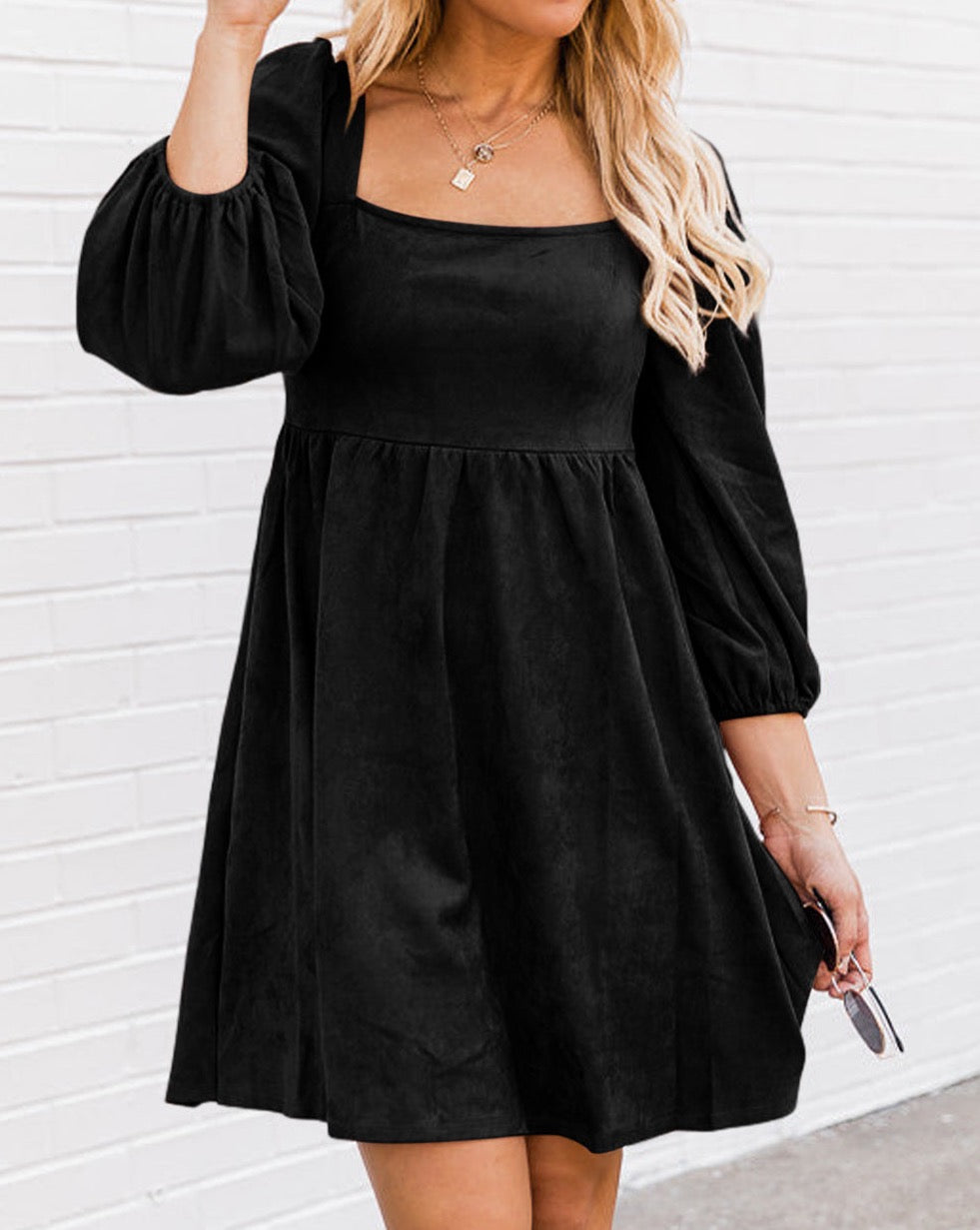 Suede Shirred Puff Sleeve Dress