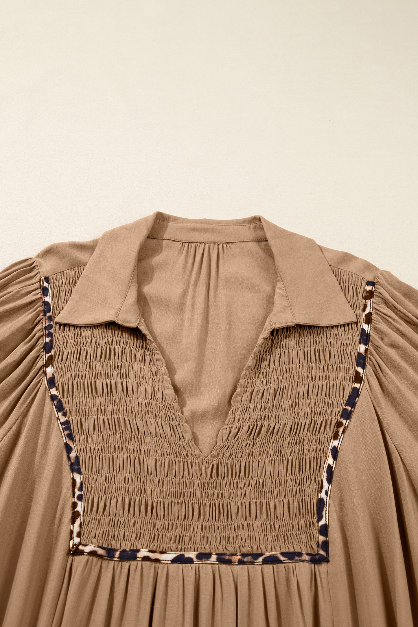 Plus Size Smocked V-Neck Leopard Piping Maxi Dress