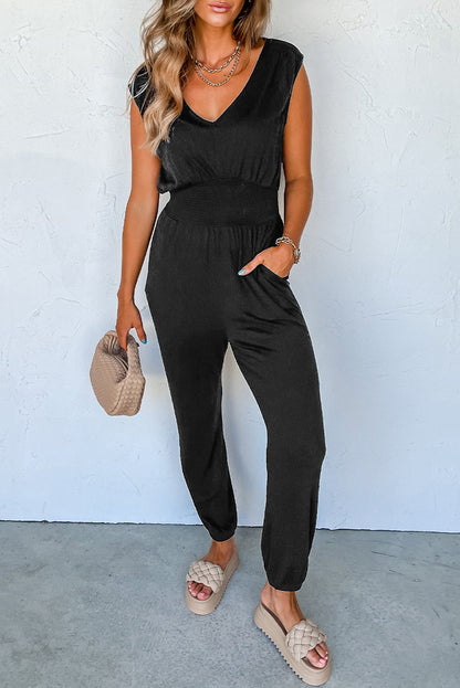 Smocked High Waist Sleeveless Jumpsuit