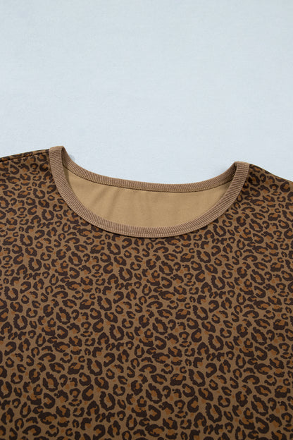 Plus Size Leopard Ribbed Trim Short Sleeve Tee
