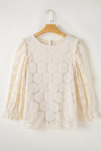 Floral Lace Ruffle 3/4 Sleeve Blouse