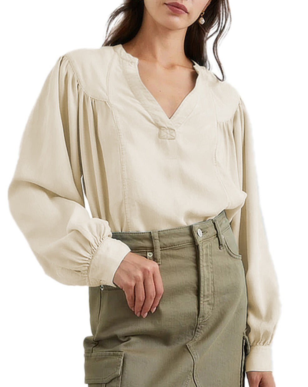 Lantern Sleeve V-Neck Blouse