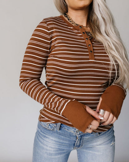 Stripe Thumbhole Sleeve Henley Top