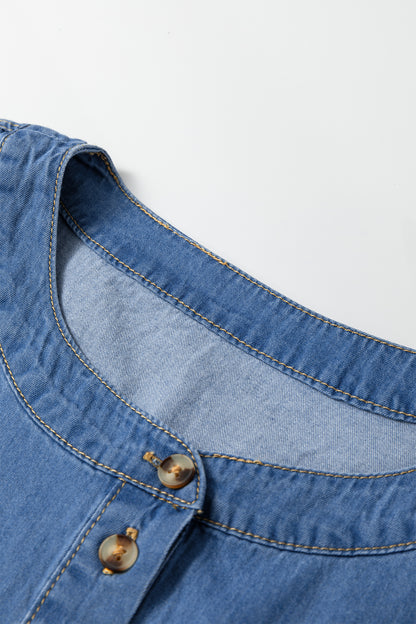 Denim Pleated Half Buttoned Short Sleeve Top
