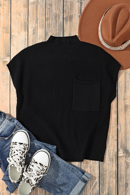 Solid Ribbed Knit Patch Pocket Short Sleeve Sweater