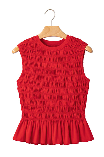Solid Shirred Ruffle Peplum Hem Tank Top