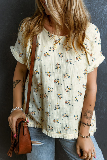 Floral Fringe Trim Textured Top