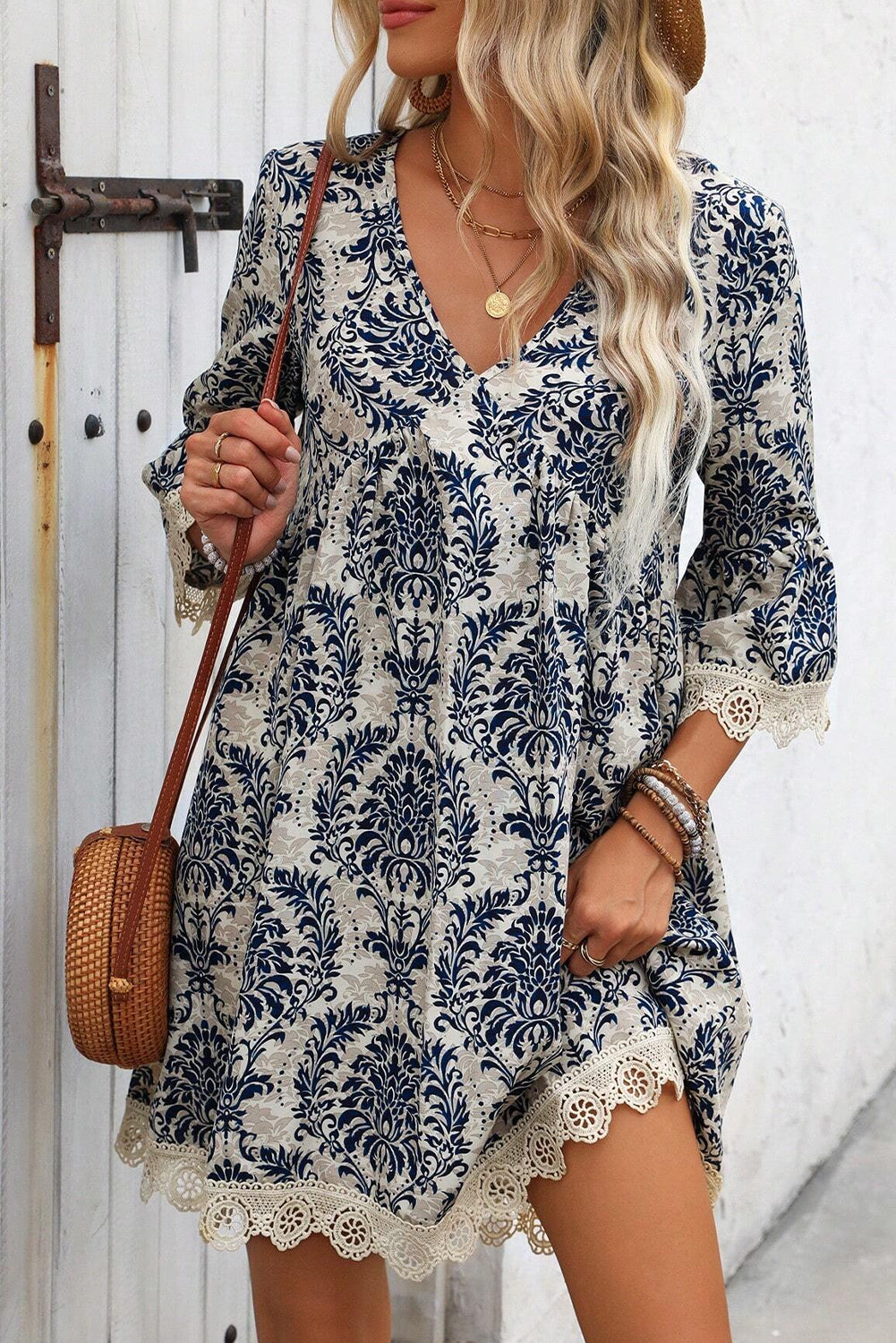 Boho Lace Trim 3/4 Sleeve Dress