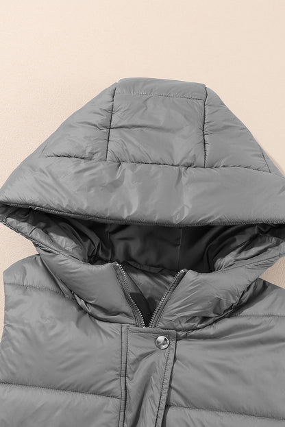 Solid Quilted Long Hooded Vest Coat
