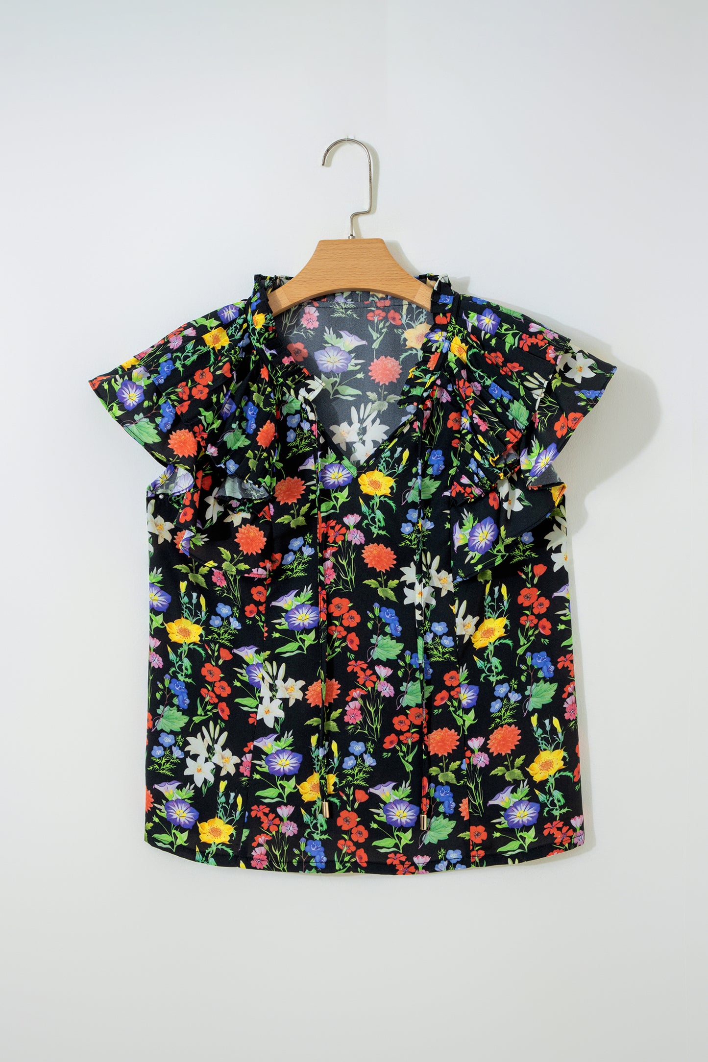 Flower Tiered Flutter Sleeve V-Neck Blouse