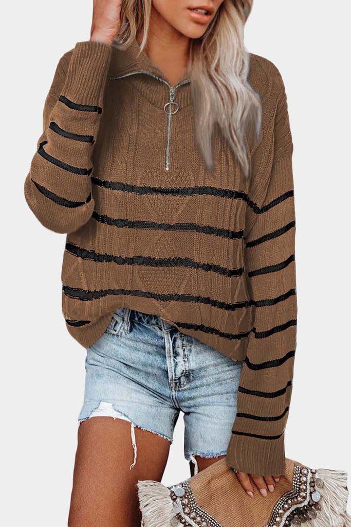 Striped Cable Knit Zipped Sweater