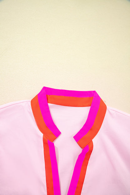 Contrast Stripe V-Neck Short Puff Sleeve Blouse