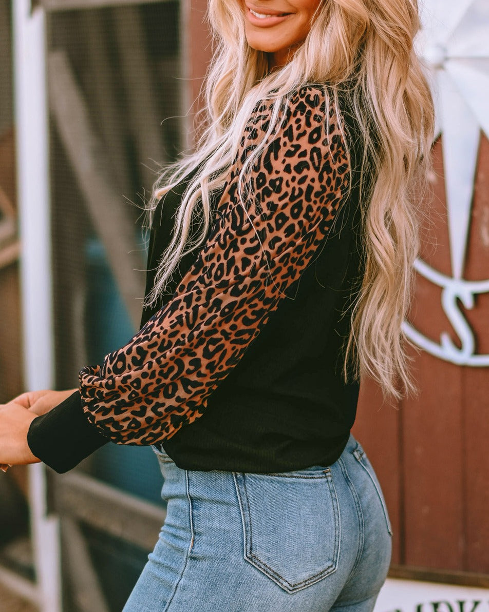 Leopard Ribbed Long Sleeve Blouse