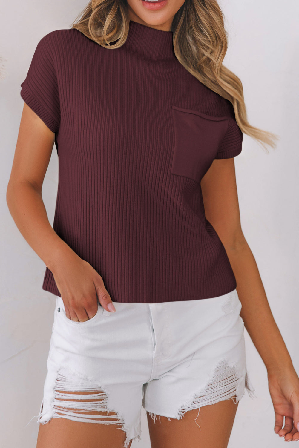 Solid Ribbed Knit Patch Pocket Short Sleeve Sweater