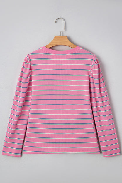 Stripe Textured Knit Round Neck Long Sleeve Top