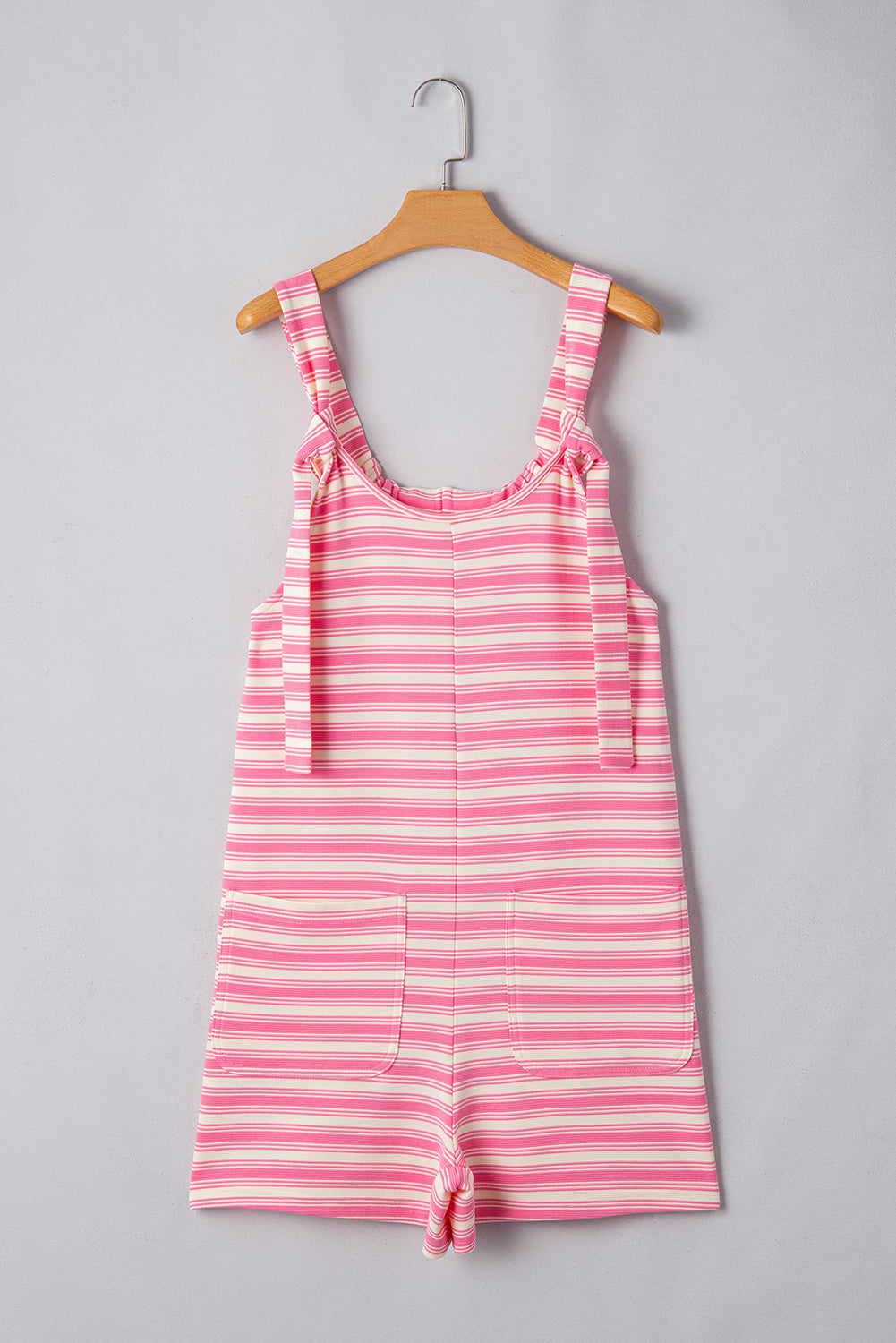 Stripe Knotted Strap Patched Pocket Romper