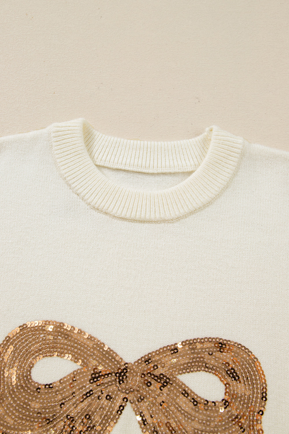 Christmas Sequin Bow Ribbed Trim Sweater
