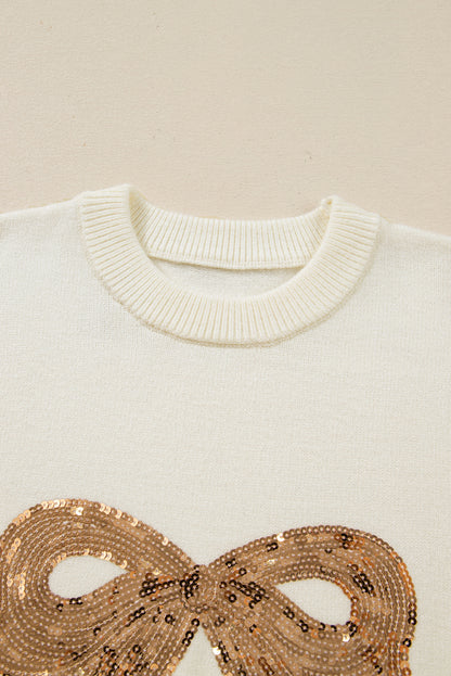 Christmas Sequin Bow Ribbed Trim Sweater