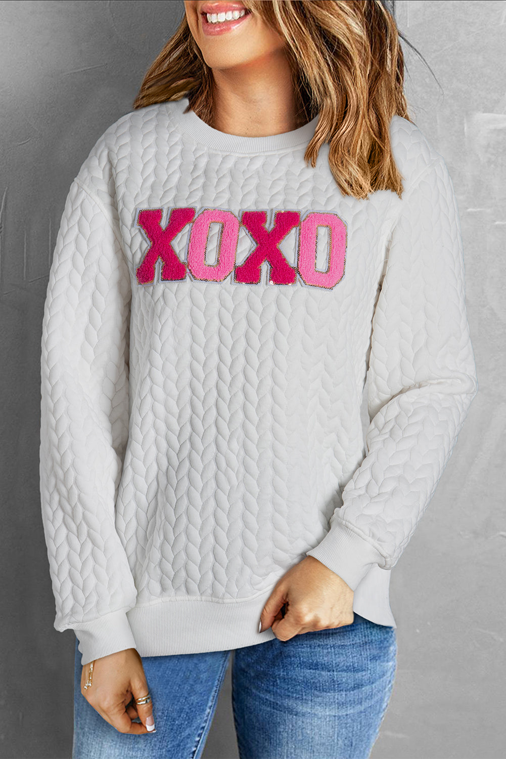 Embroidered Patch Cable Knit Pullover Sweatshirt