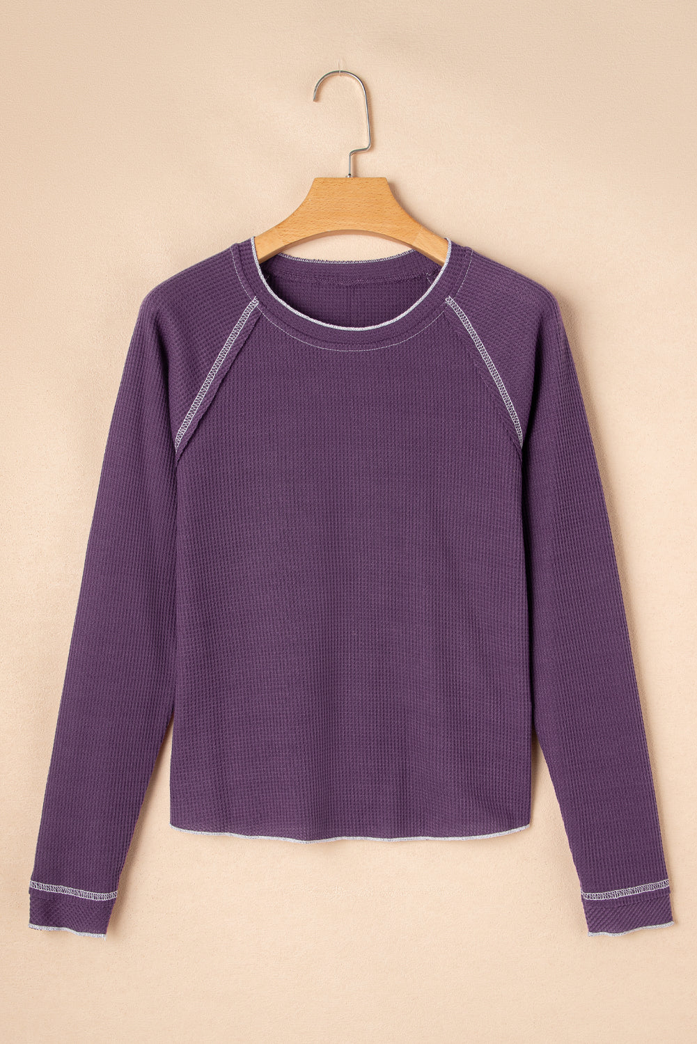 Solid Waffle Knit Round Neck Long Sleeve Top