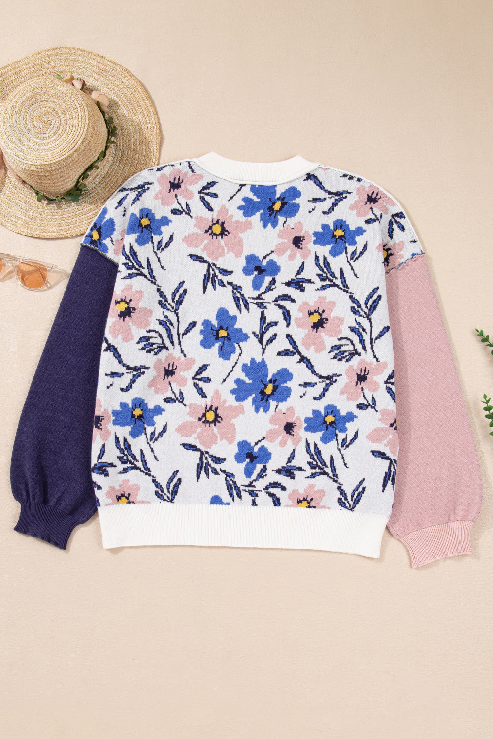 Floral Panel Colorblock Sleeve Crewneck Sweater