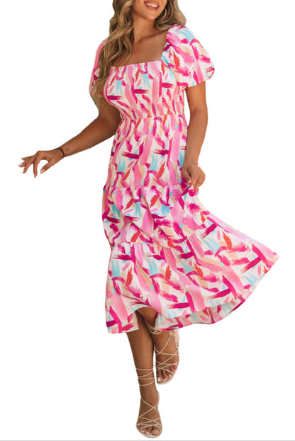 Abstract Smocked Puff Sleeve Dress