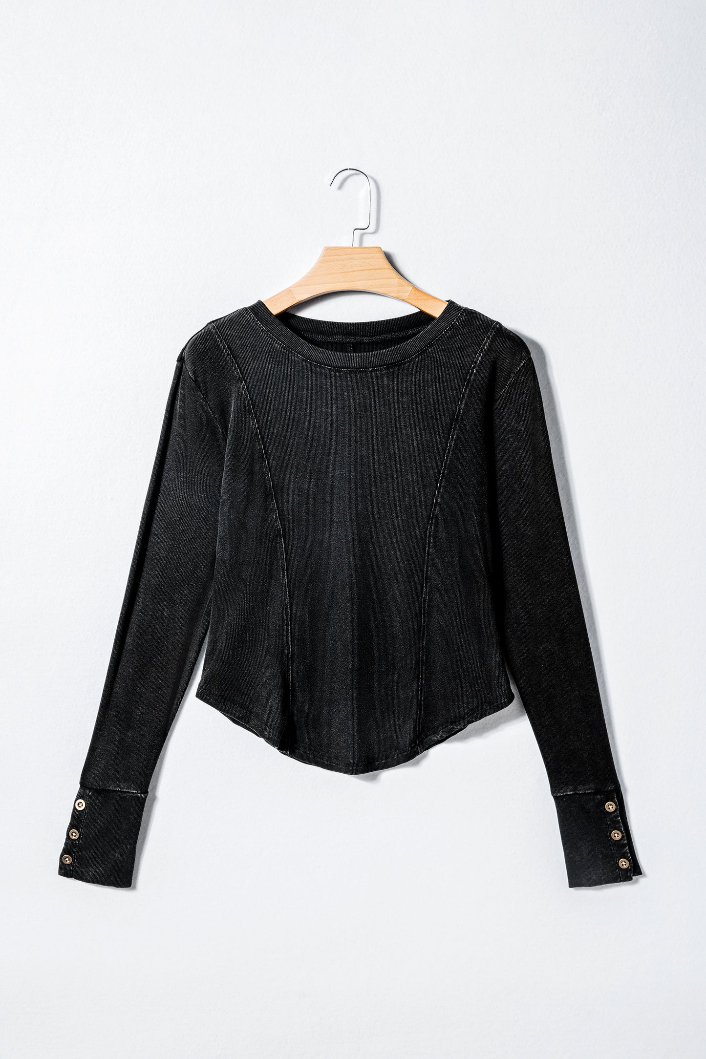 Solid Ribbed Knit Buttoned Long Sleeve Top