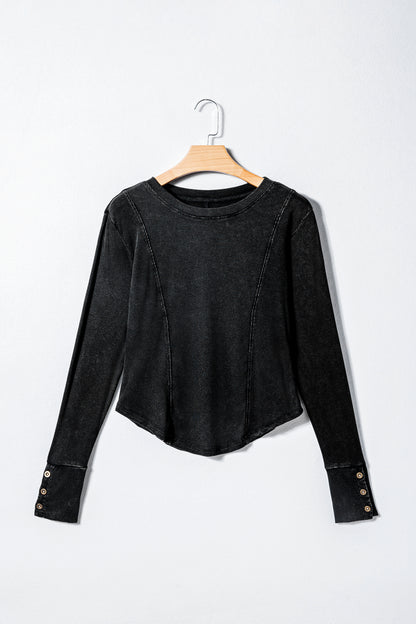 Solid Ribbed Knit Buttoned Long Sleeve Top