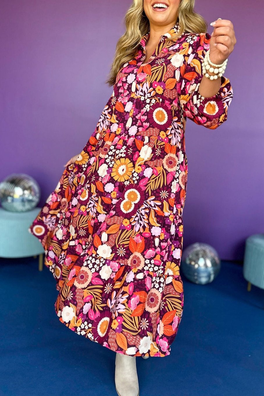 Floral Collared Tiered Maxi Dress