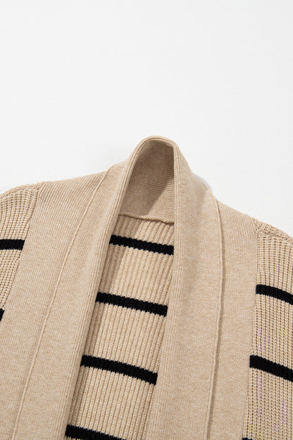 Stripe Shawl Neck Pocketed Open Cardigan
